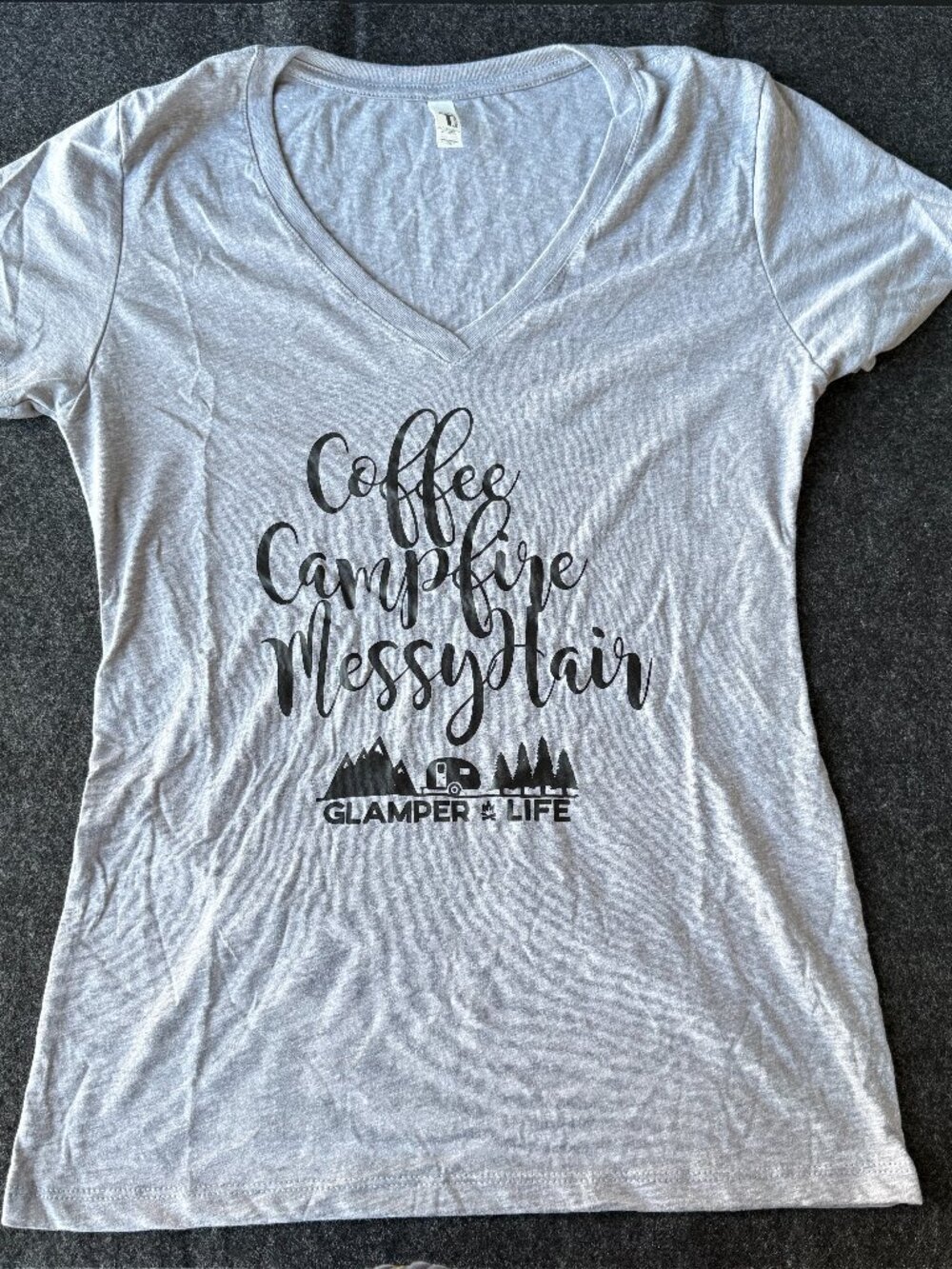 Camping Tee Coffee Campfire Messy Hair V Neck Women's XL